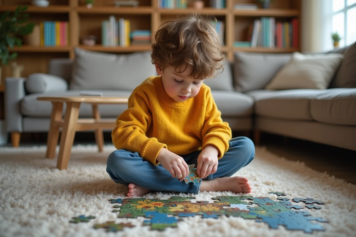 Jeune garçon de 8 ans assemble un puzzle dans un salon chaleureux