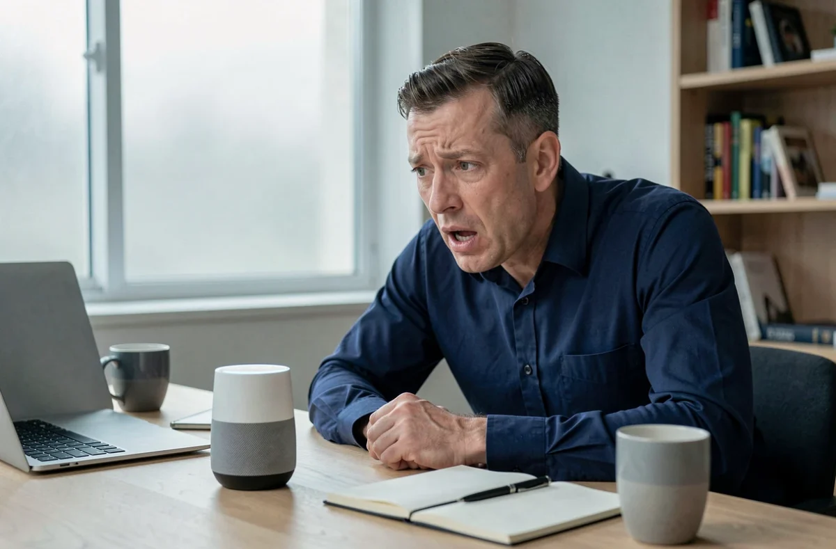 Homme perplexe face à un assistant vocal non fonctionnel dans un bureau à domicile moderne