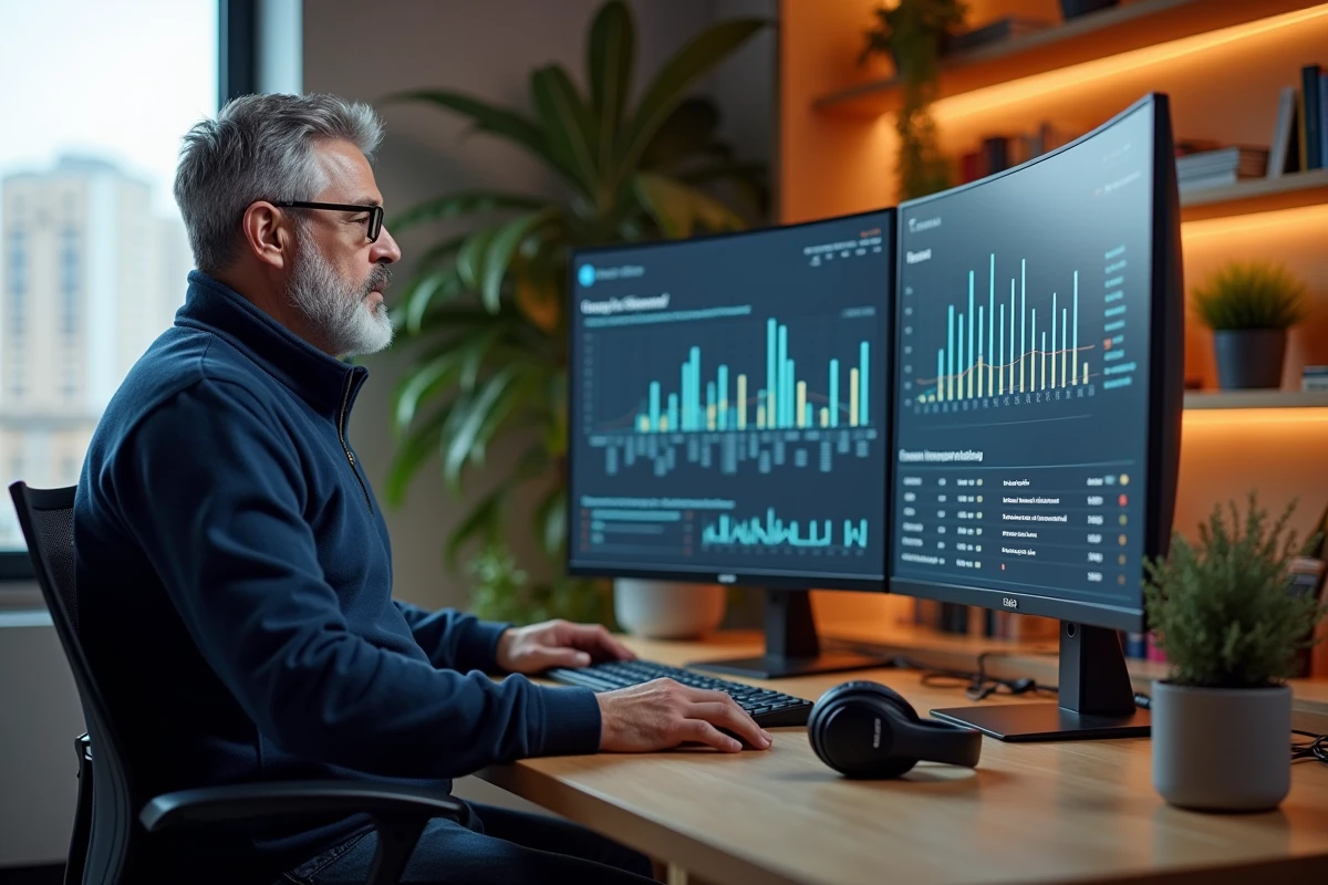 Homme travaillant sur un poste informatique ultramoderne à domicile entouré de technologies innovantes
