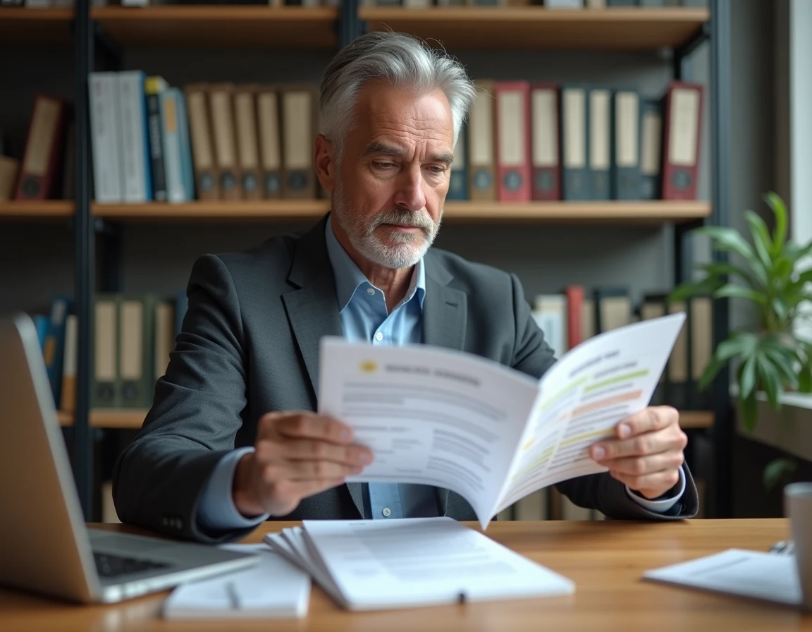 Homme consultant un livret de niveaux de titre professionnel dans une salle d'étude individuelle