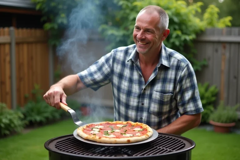 Homme souriant préparant une pizza sur un barbecue en été