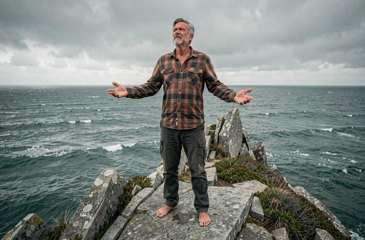 Homme debout sur une falaise rocheuse face à la mer, bras ouverts dans une posture chamanique de réception spirituelle