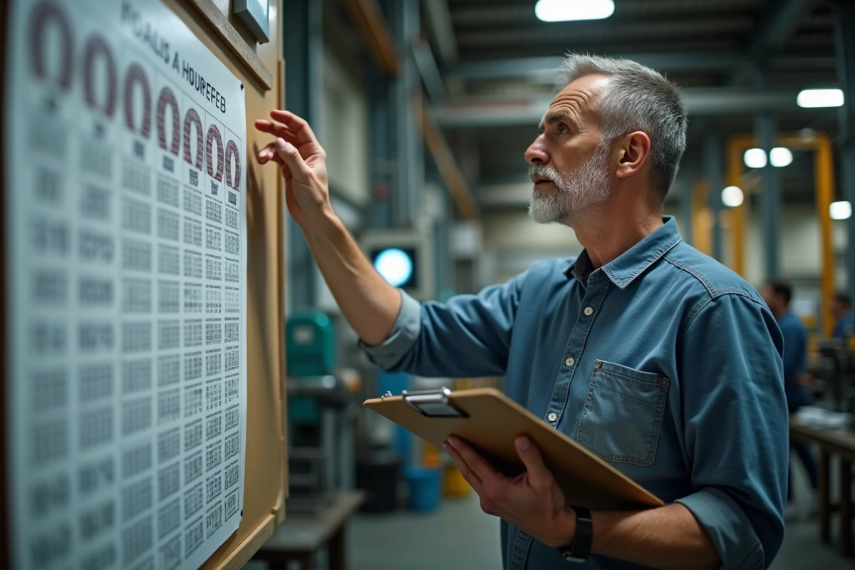 Homme d age moyen examinant un tableau de temps en atelier