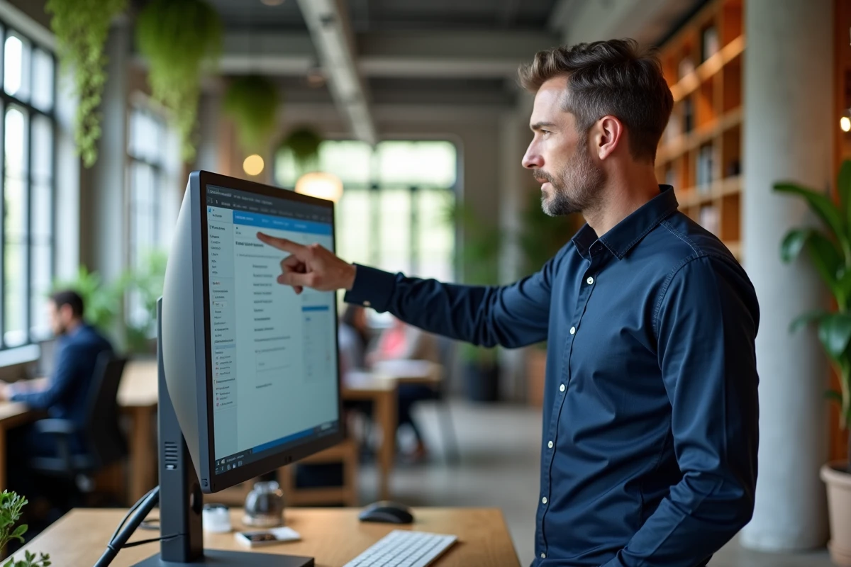 Homme professionnel utilisant un logiciel de création de site web dans un espace de coworking moderne pour booster son activité digitale