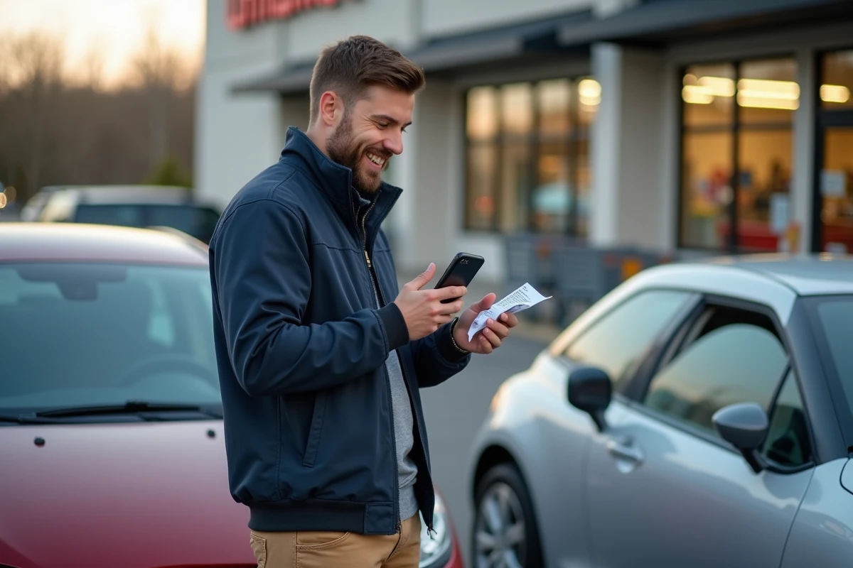 Homme vérifiant son téléphone avec son achat dehors