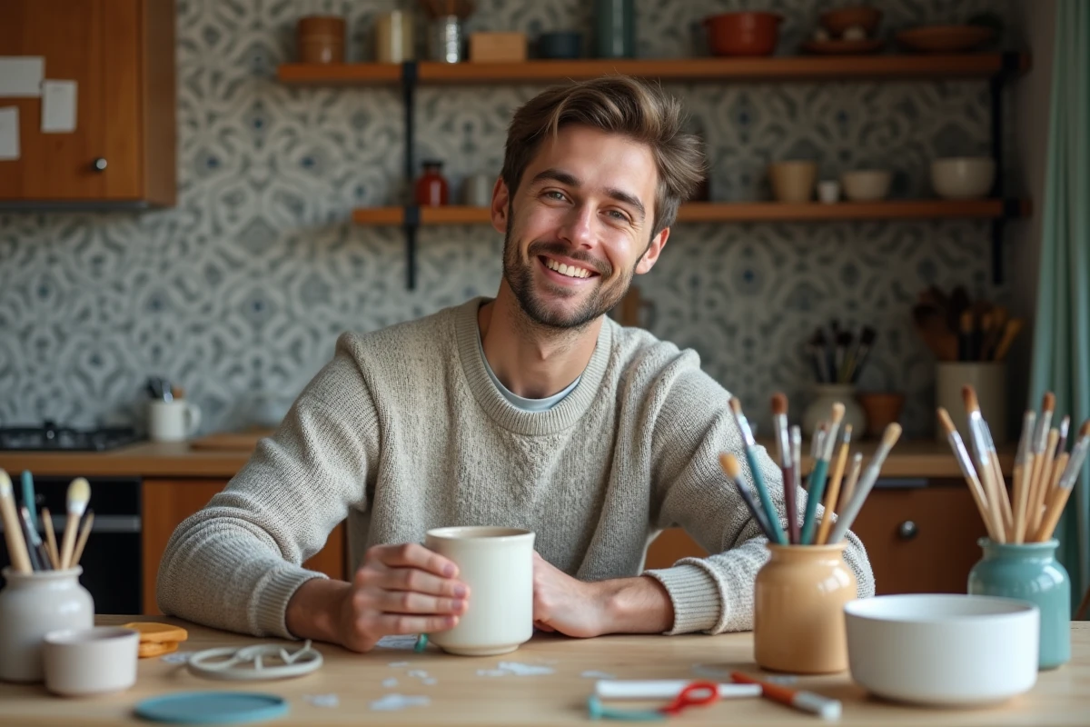 Homme peignant une tasse en céramique dans une cuisine chaleureuse