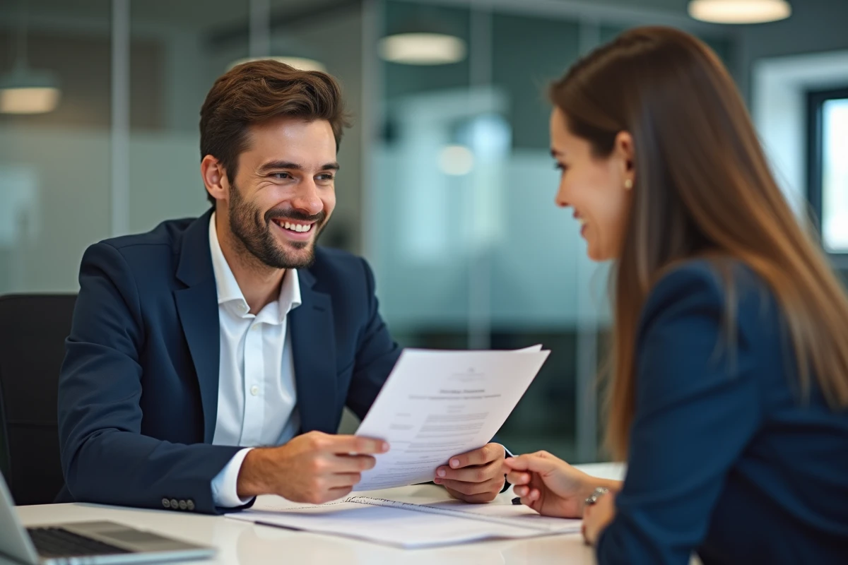Homme d HR remet dossier CSP à un client