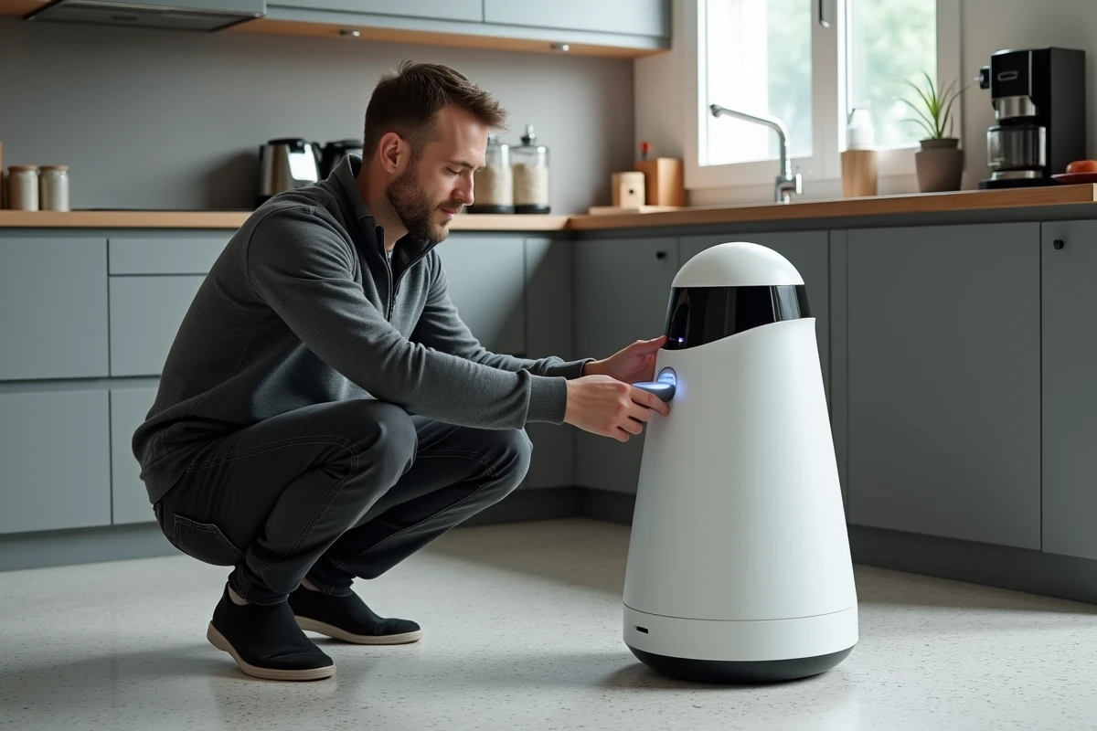 Homme interagissant avec un robot domestique intelligent dans une cuisine moderne, représentant l'essor des technologies IA dans le quotidien en 2024