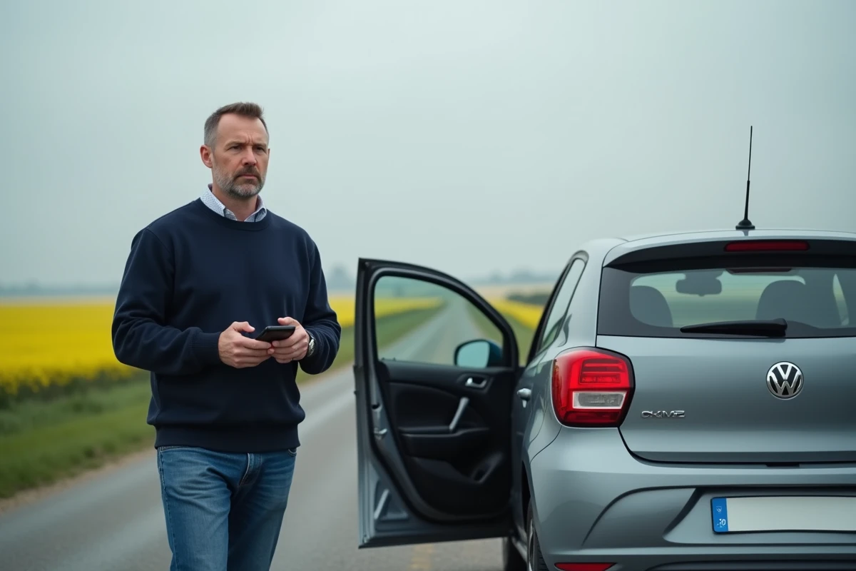 Homme debout près de sa voiture dans un paysage rural