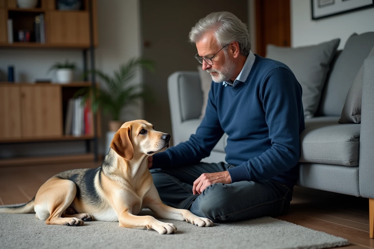 Homme assis avec son chien dans un salon chaleureux