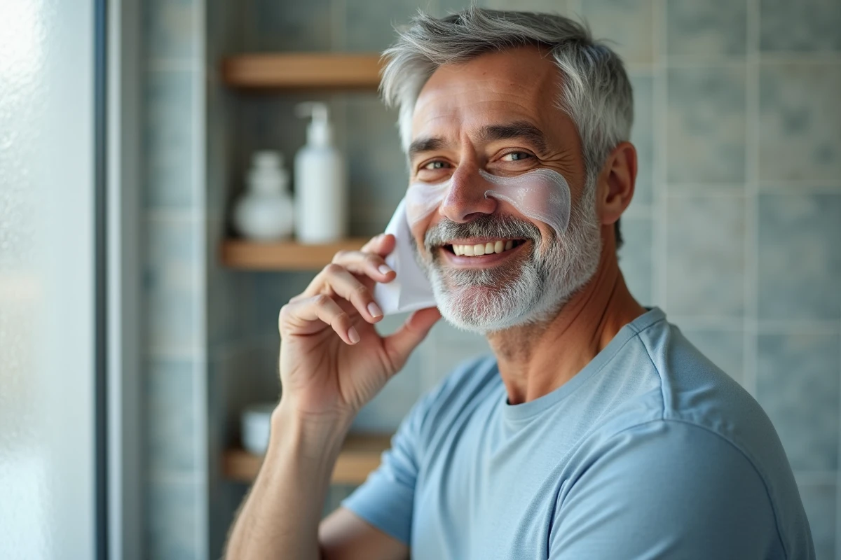 Homme retirant un masque visage dans une salle de bain