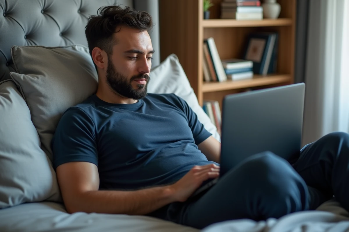 Homme parcourant les catalogues de plateformes de streaming légales sur son ordinateur portable dans sa chambre