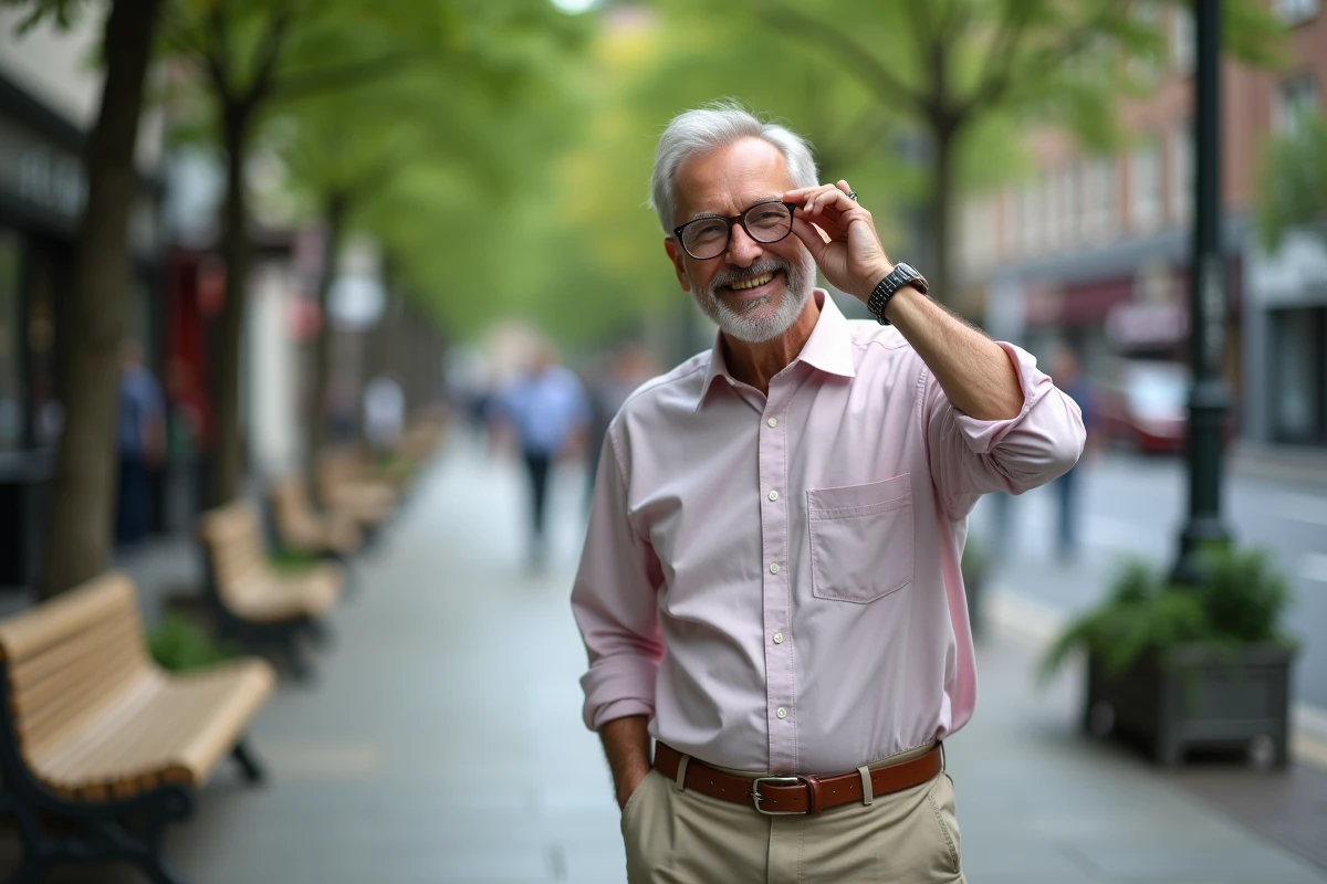 Homme souriant ajustant ses lunettes en ville
