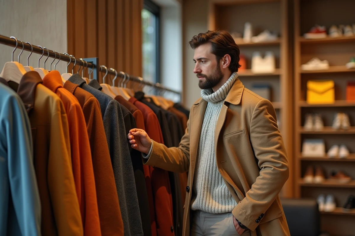Jeune homme examine manteaux dans boutique chic