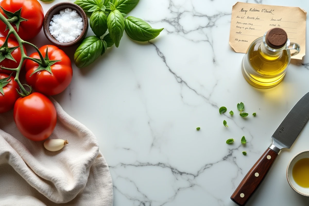 Vue de dessus d'ingrédients frais disposés sur du marbre pour une recette de cuisine méditerranéenne