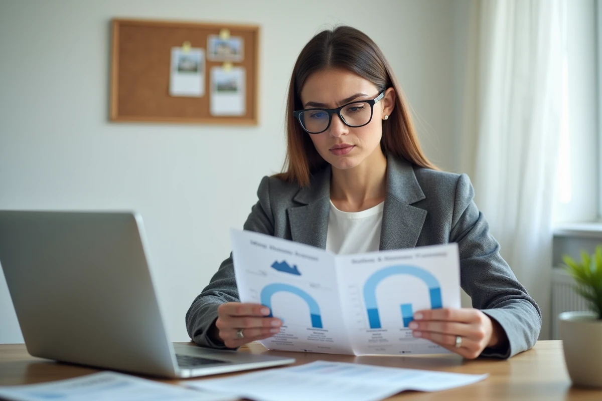 Femme investisseuse analysant des rapports immobiliers et des rendements locatifs à son bureau à domicile