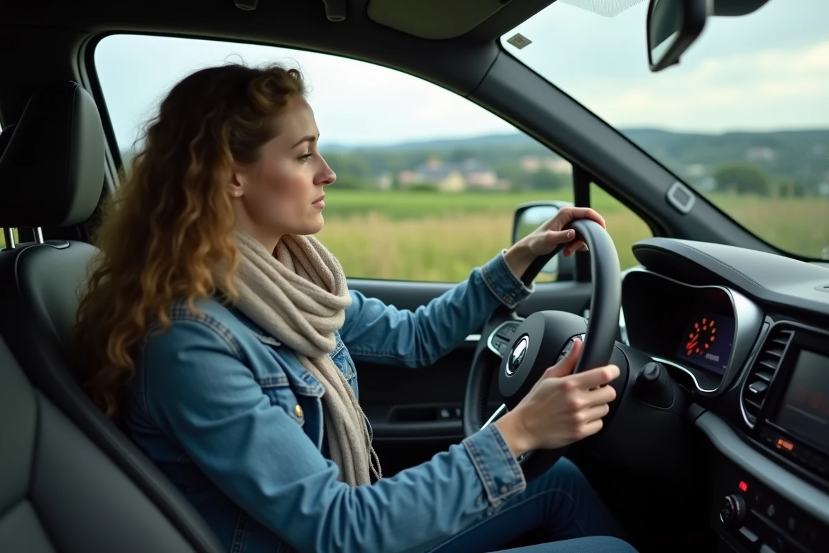 Jeune femme dans sa voiture regardant le niveau d'essence