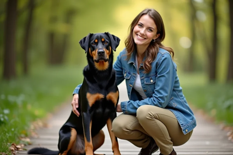 Jeune femme en denim avec son chien dans un parc verdoyant