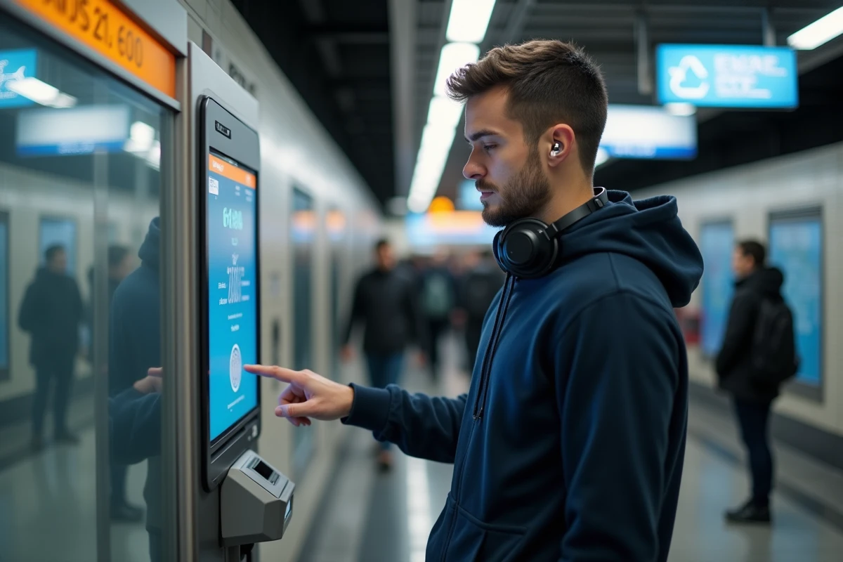 Jeune adulte utilisant un kiosque biométrique intelligent dans une station de métro urbaine, symbole des nouvelles technologies transformant les transports en 2024