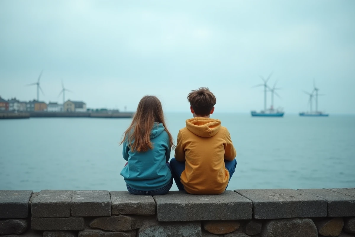 Deux adolescents regardant l'horizon marin avec des éoliennes offshore symbolisant l'avenir de la planète en 2050