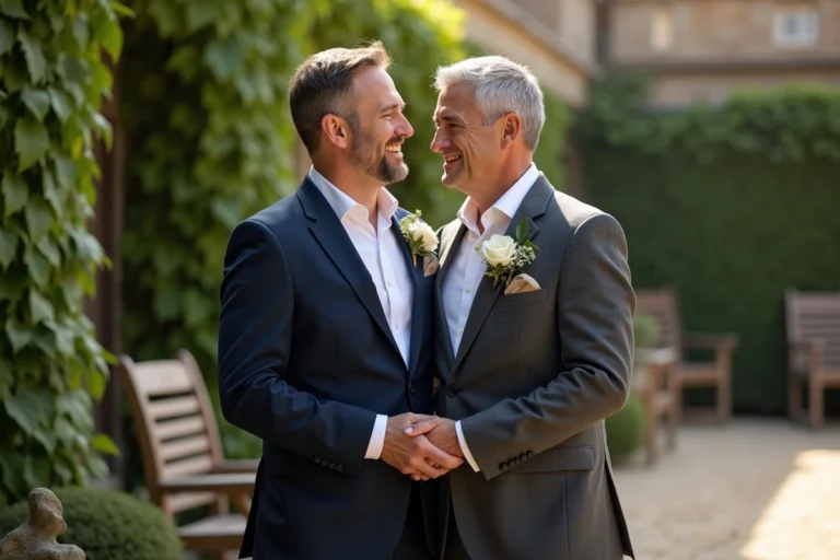 Deux hommes en costume élégant se tenant la main lors d'un mariage discret dans un jardin de campagne française