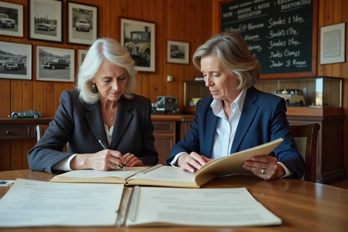 Membres d'une association de préservation automobile consultant des archives et des documents historiques dans une salle de réunion