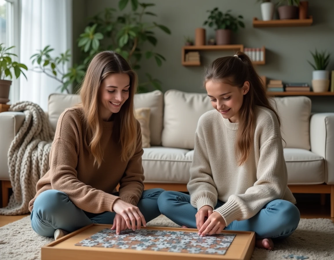 Mère et fille adolescente qui font un puzzle ensemble dans un salon confortable et douillet
