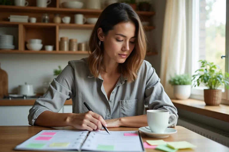 Mère organisée consultant un planning familial dans une cuisine moderne avec café et notes colorées