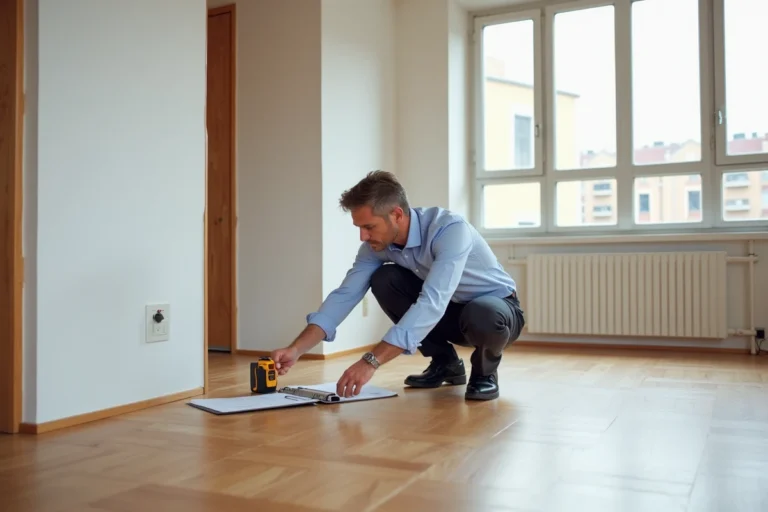 Architecte mesurant la surface habitable d'un appartement vide avec un télémètre laser, plans au sol