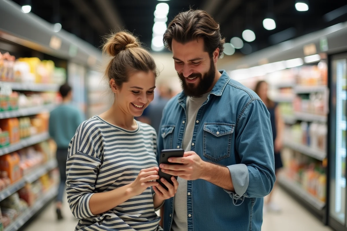 Couple de parents faisant les courses ensemble en supermarché avec liste de courses sur smartphone