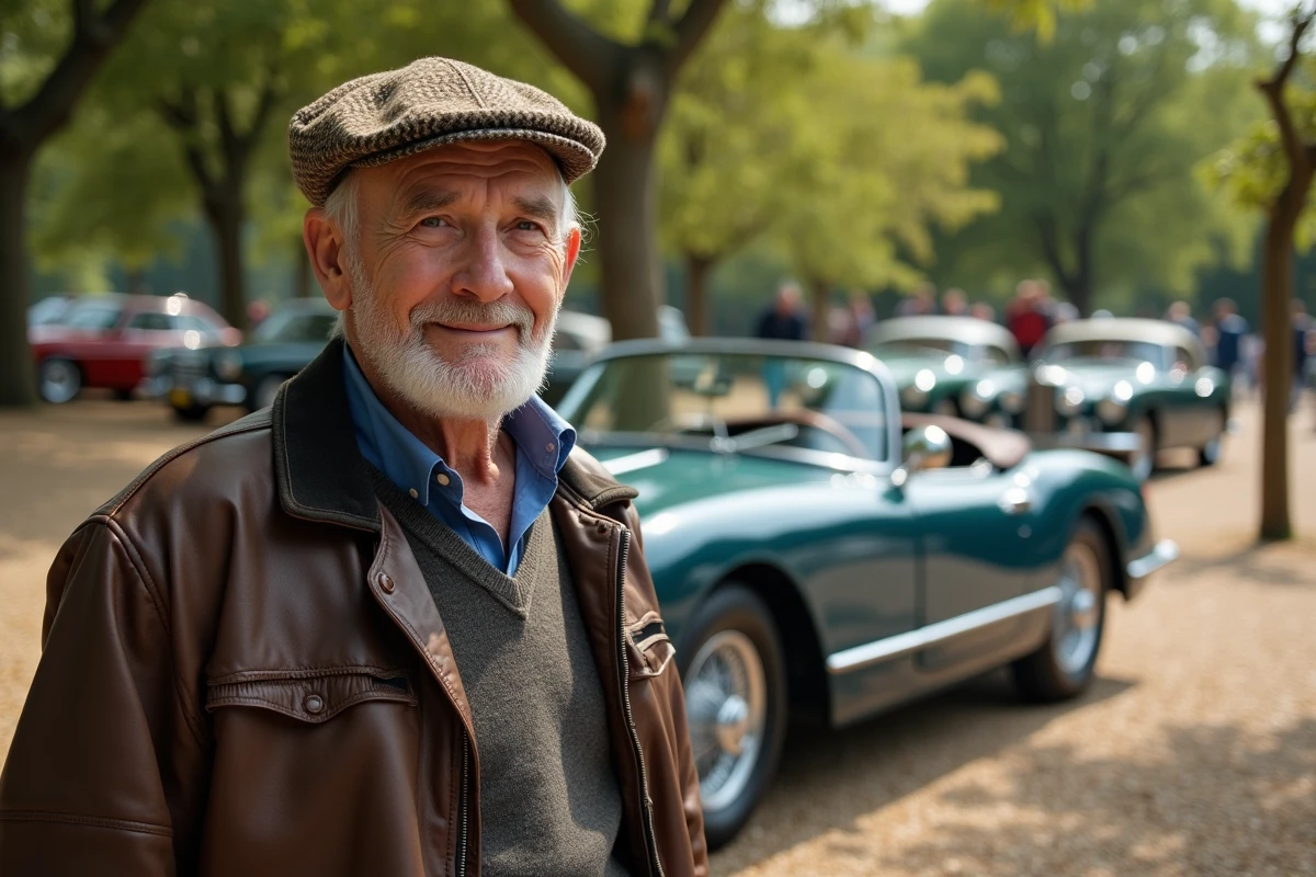 Passionné de voitures anciennes posant fièrement à côté d'un cabriolet restauré lors d'un rassemblement de patrimoine automobile