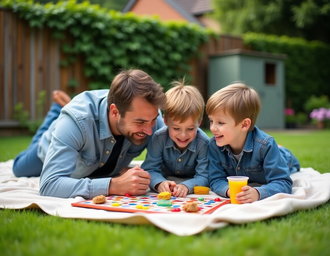 Père et ses deux jeunes fils qui jouent à un jeu de société sur une couverture dans le jardin par beau temps