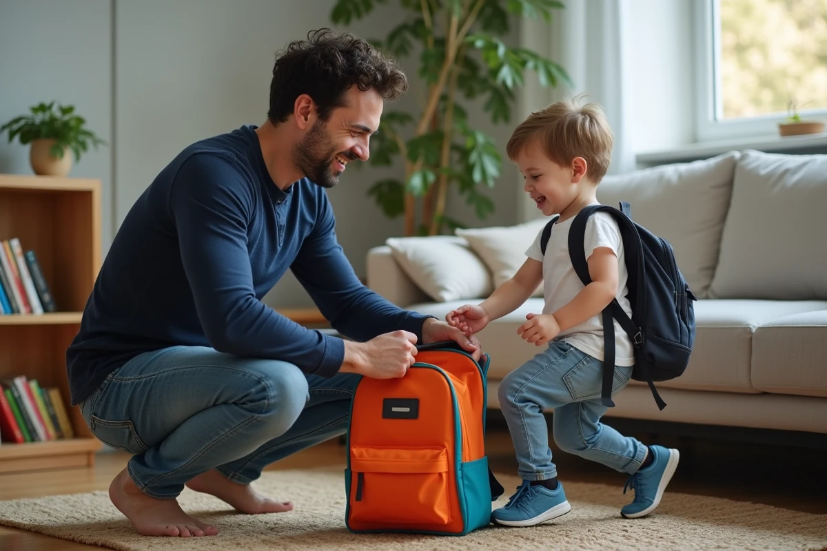 Père aidant son fils à préparer le sac d'école dans un salon familial rangé et chaleureux