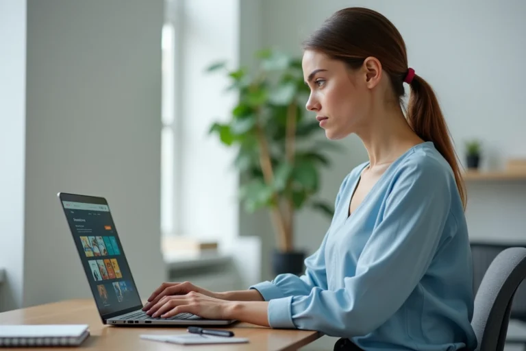 Jeune femme consultant une plateforme numérique éducative sur son ordinateur portable dans un espace de travail moderne