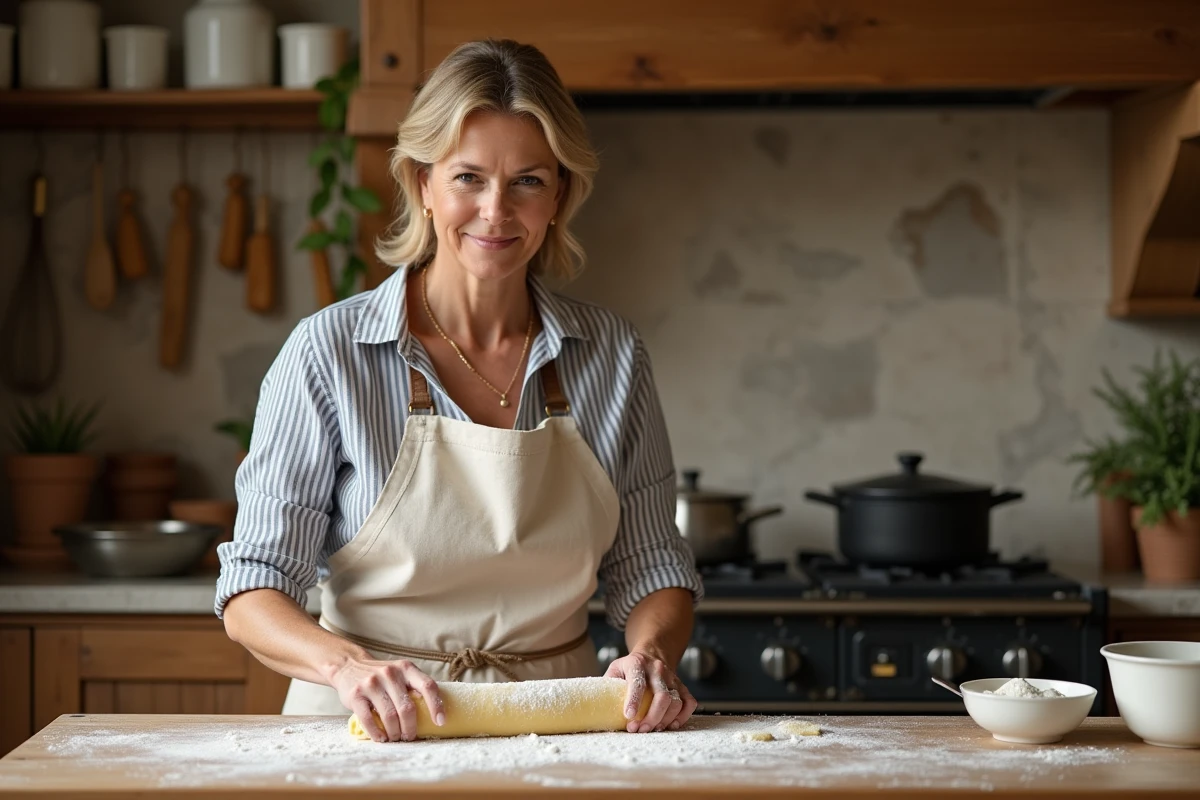Femme préparant des pâtes fraîches maison sur un plan de travail en bois dans une cuisine rustique