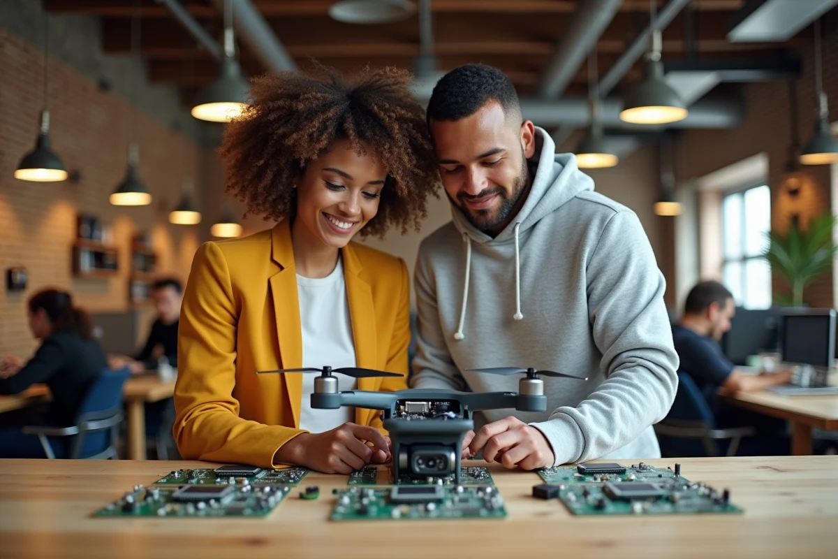 Deux professionnels analysant un drone et des composants électroniques dans un espace de coworking innovant