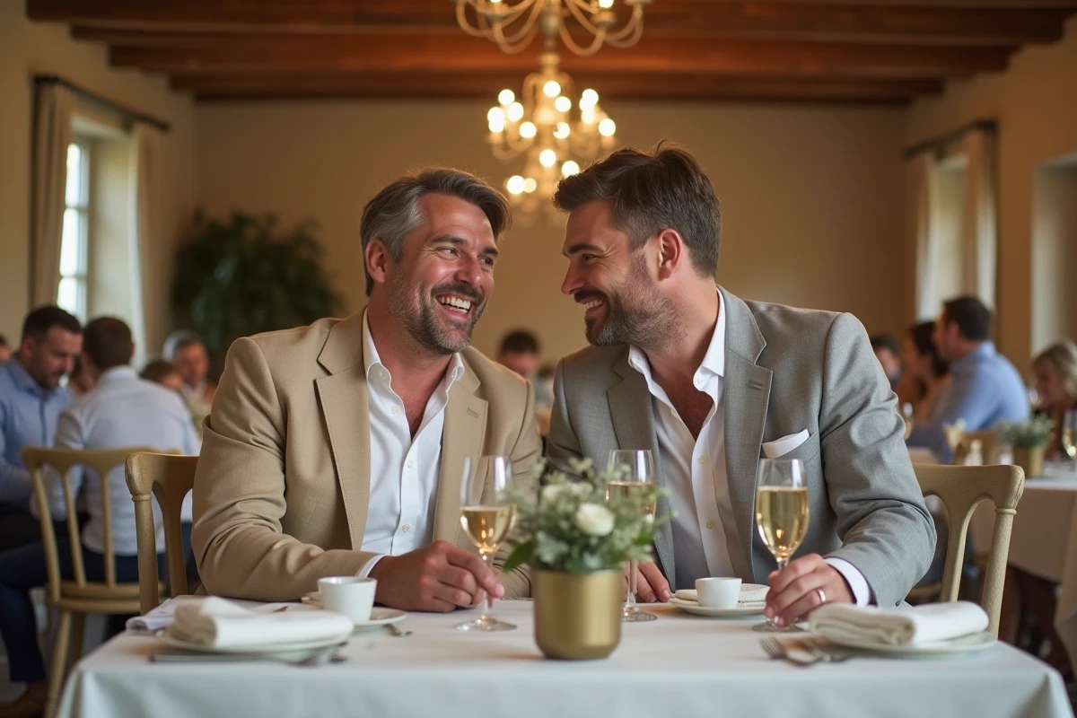 Deux époux souriant ensemble à leur table de réception de mariage dans une salle rustique française