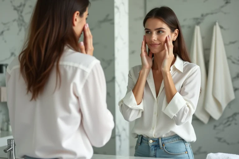 Femme appliquant soin visage devant miroir naturel