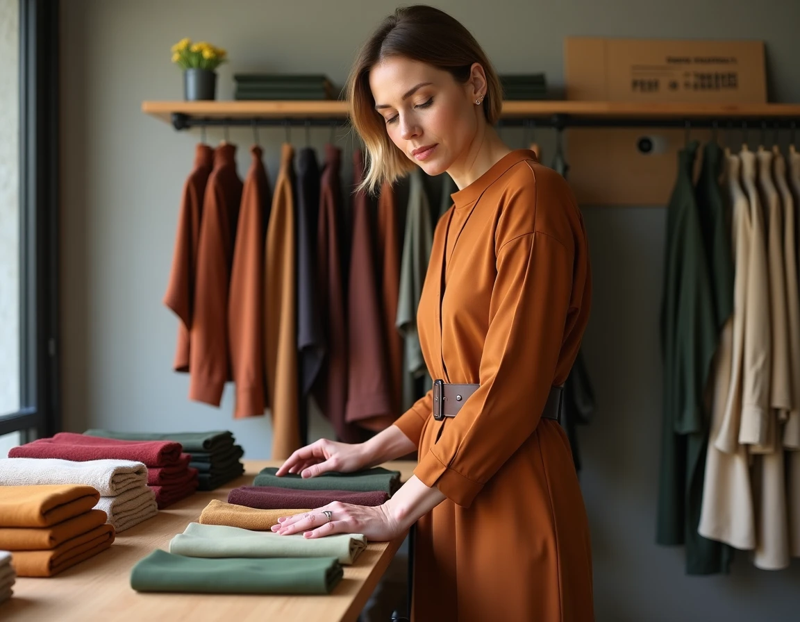 Styliste disposant des vêtements aux couleurs tendance automne hiver 2025 dans une boutique minimaliste, avec nuances rouille, vert mousse et prune