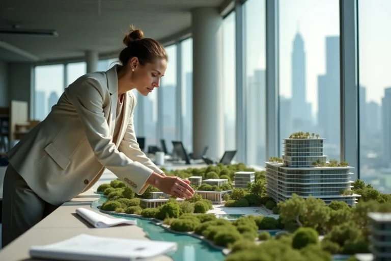 Urbaniste étudiant une maquette de ville futuriste avec jardins verticaux et panneaux solaires en 2050