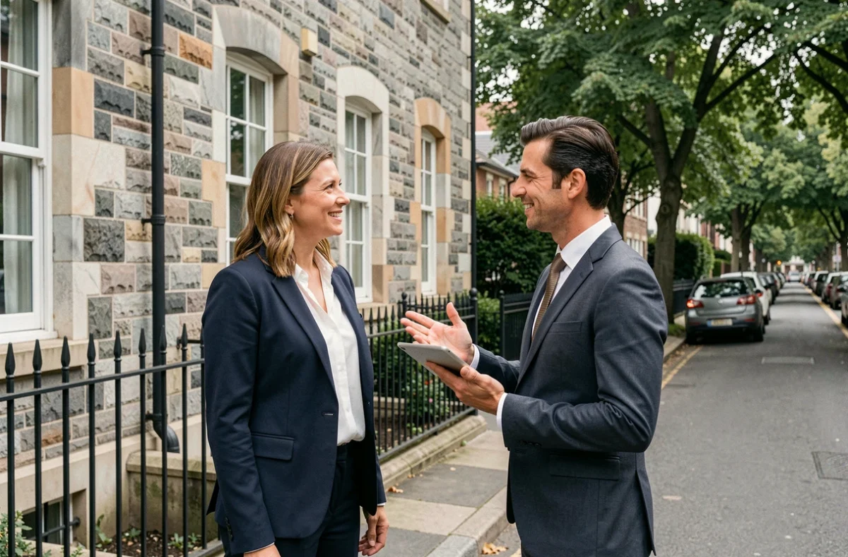 Femme visitant un immeuble résidentiel avec un agent immobilier lors d'une première acquisition